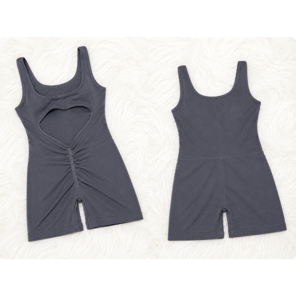 Women's Gray Athletic Romper Tummy Control Compression Workout Jumpsuit